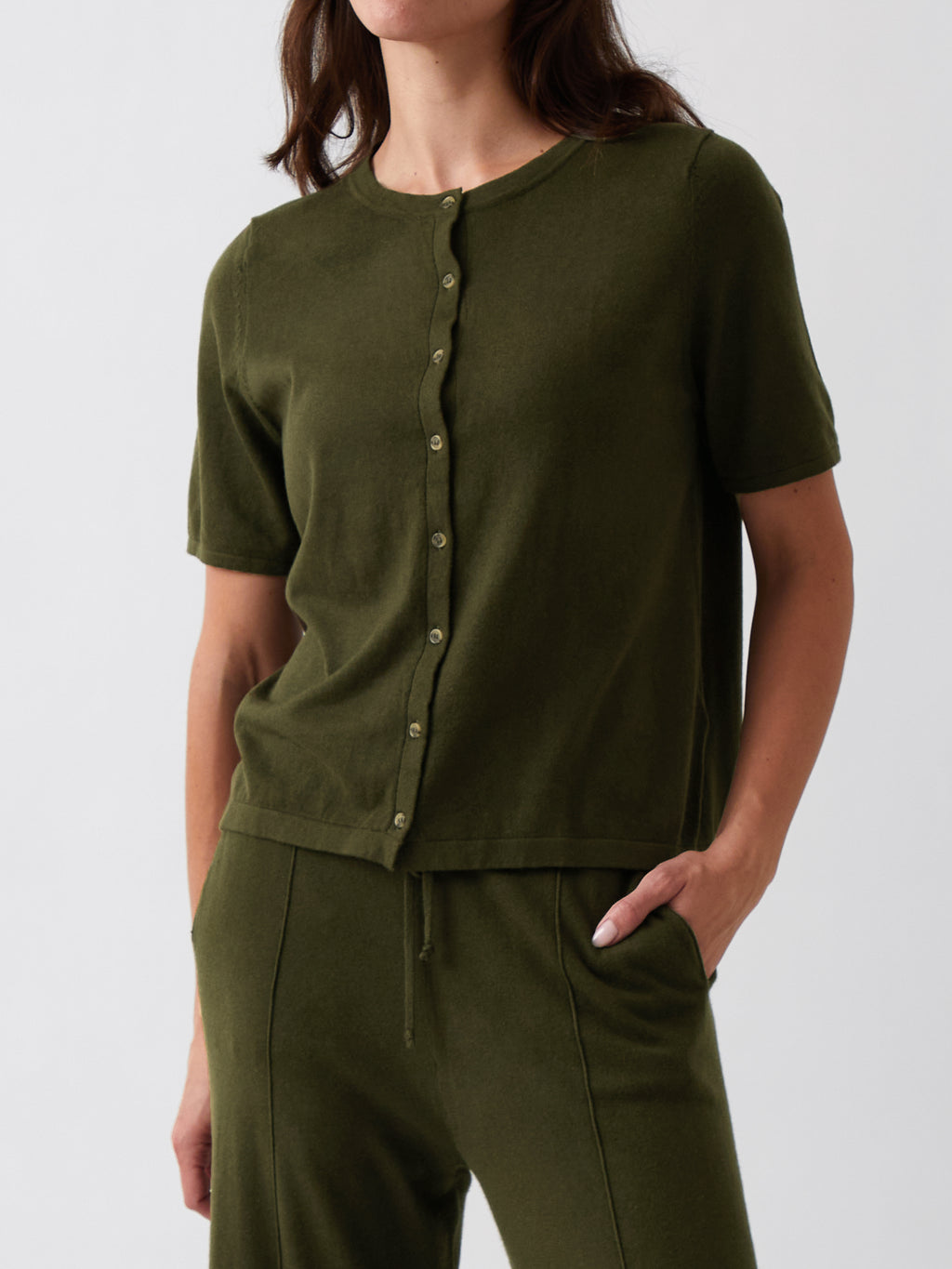 Cotton Cashmere Button Tee | Olive-1