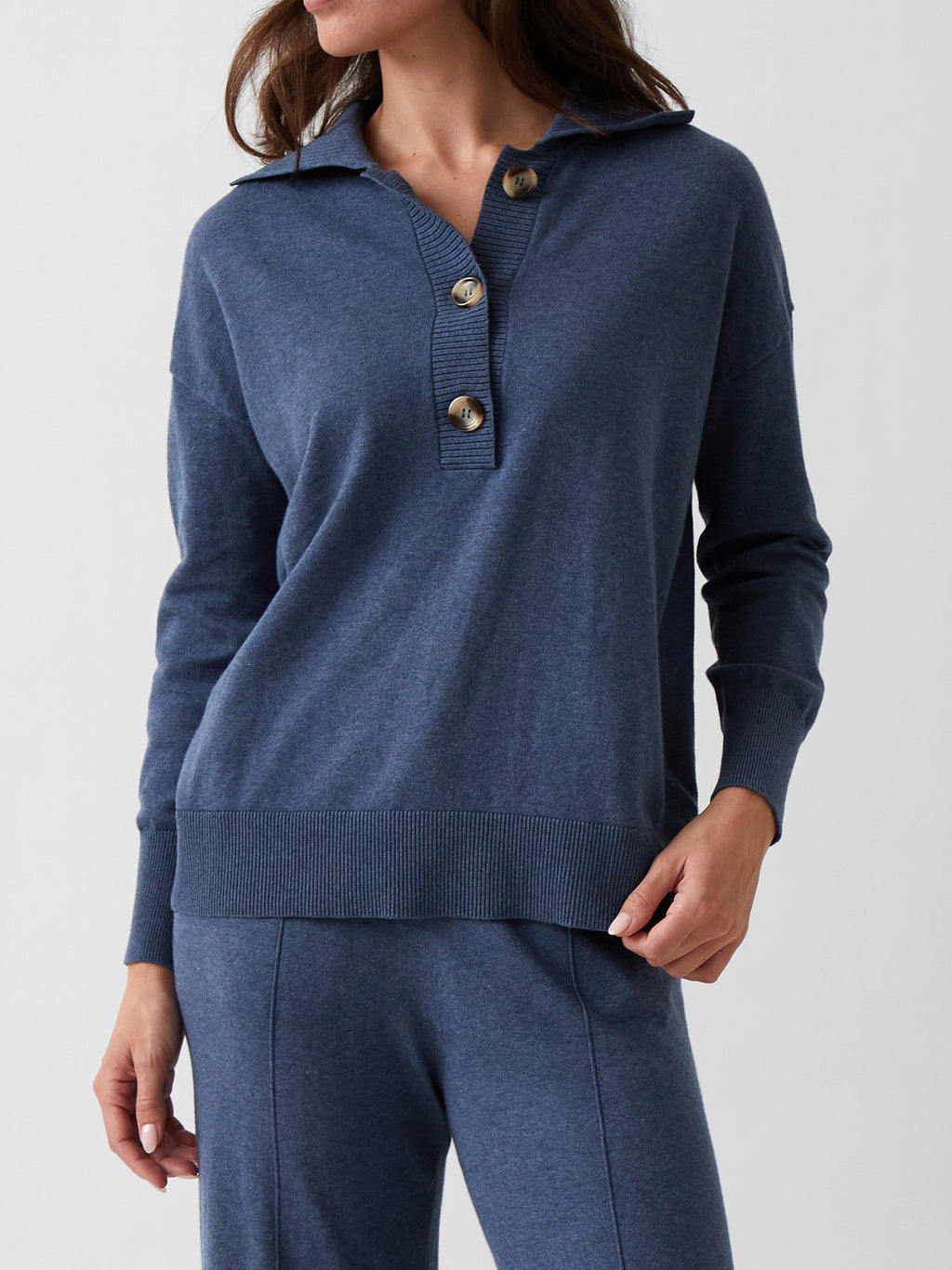 Cotton Cashmere Collared Jumper | Blue-1