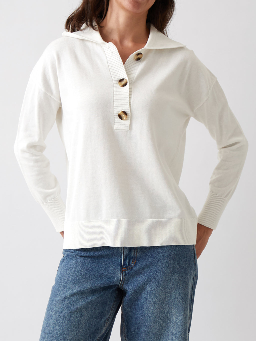 Cotton Cashmere Collared Jumper | Ivory-1
